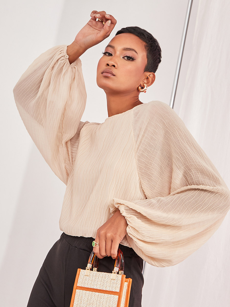 Buy Balloon Sleeves Elastic Waist Textured Blouse Cream For