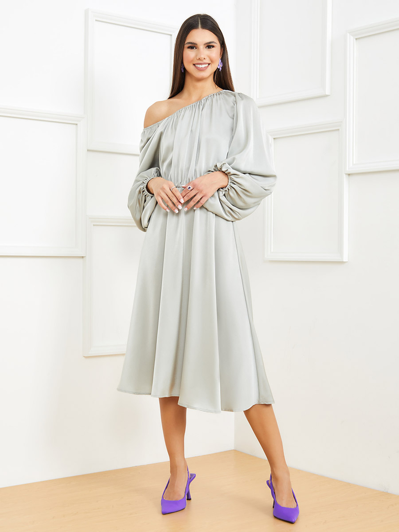 Buy Balloon Sleeves Asymmetric Neck A-Line Midi Dress Grey