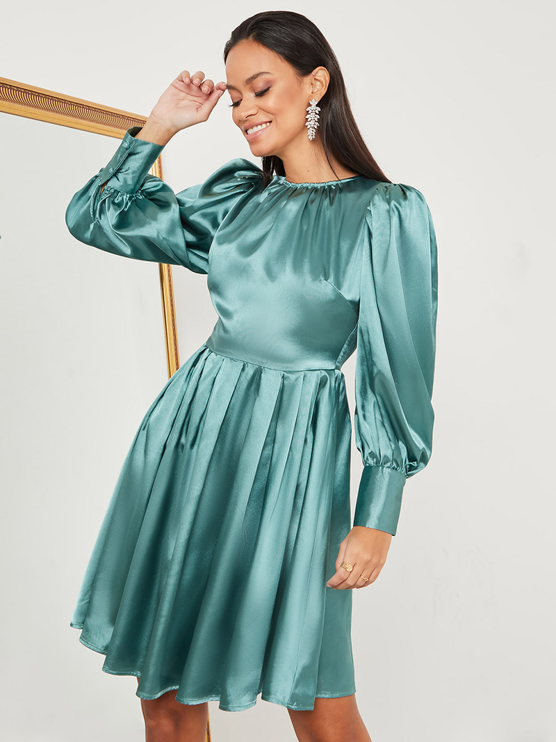 Buy Long Sleeves Round Neck Satin A-Line Knee Length Dress