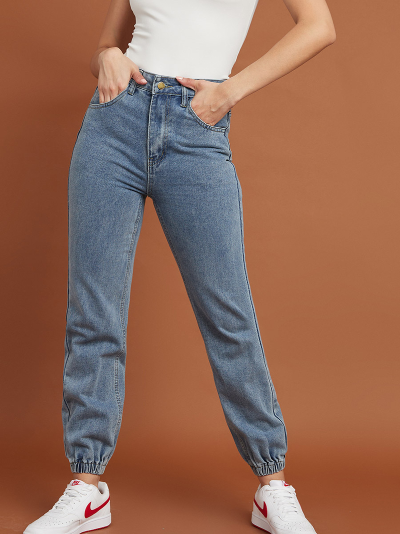 Buy Cuffed Denim Jeans with Belt Loops Acid Blue For Women
