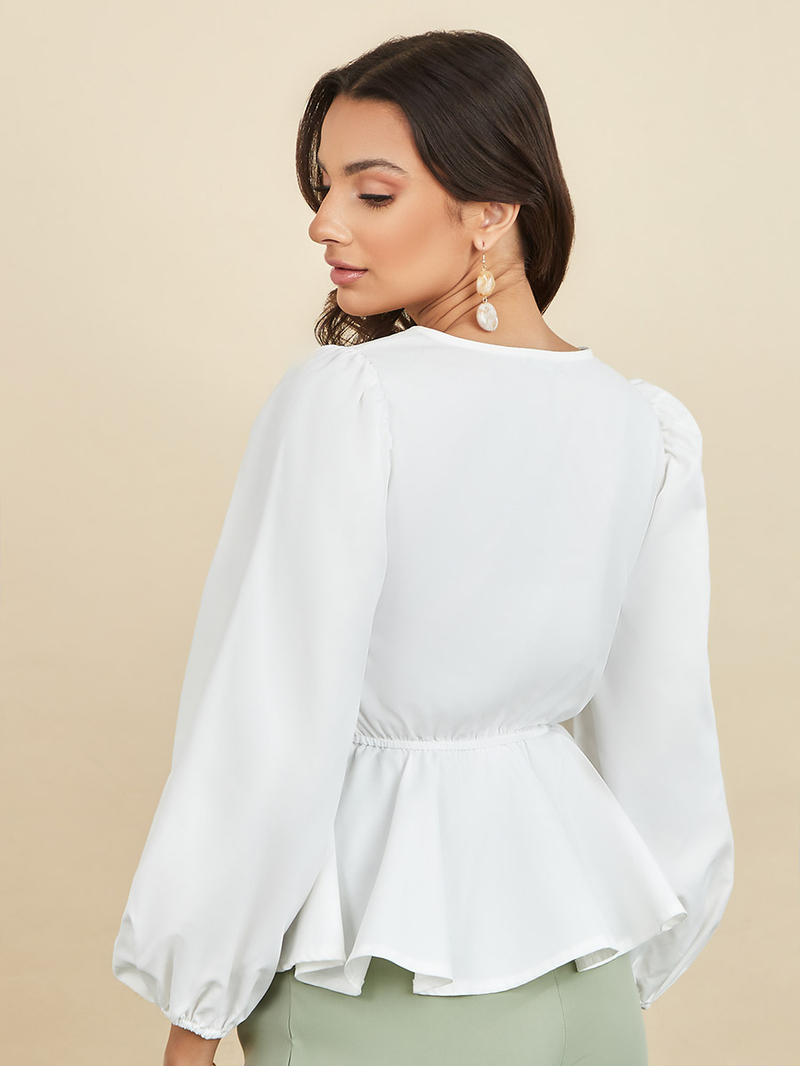 Buy Balloon Long Sleeve V Neck Peplum Top White For Women