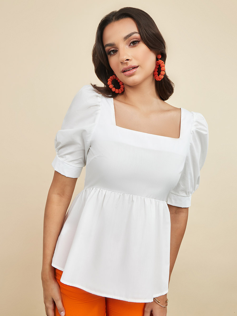Puff Short Sleeve Square Neck Peplum Top For Women at Saudi