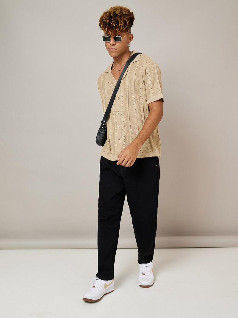 Buy Pattern Knit Shirt with Big Button Detail Beige For Men