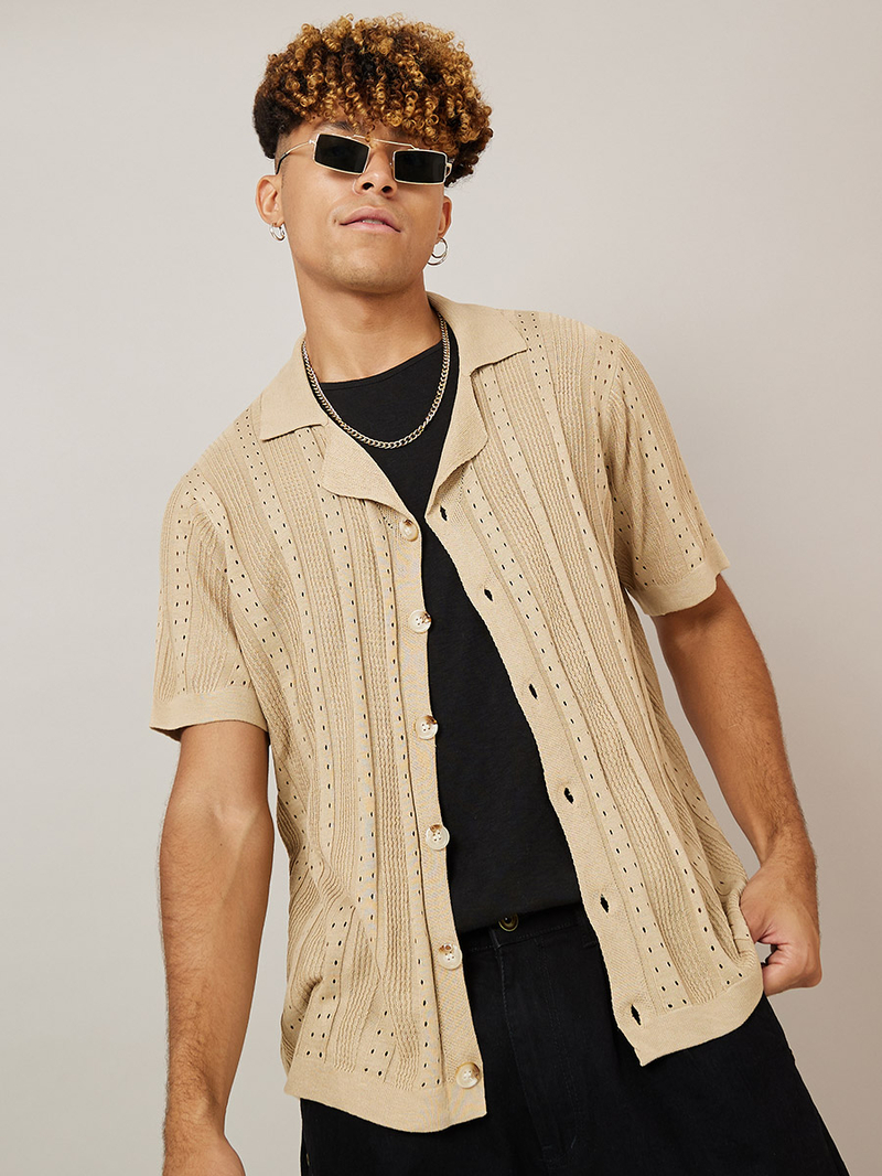 Open-Knit Button-Through Shirt 新品未使用タグ付き Buy Pattern Knit Shirt with Big Button Detail Beige For Men
