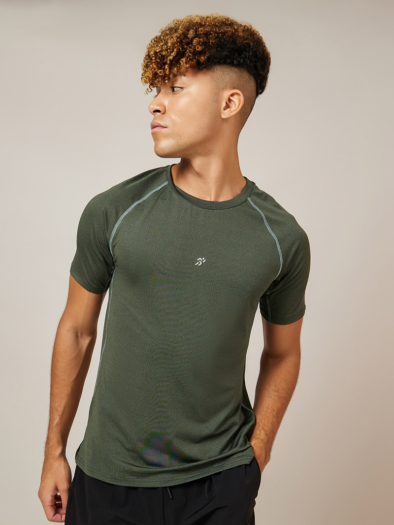 Buy Raglan Sleeves Contrast Stitch Detail T-shirt Olive For