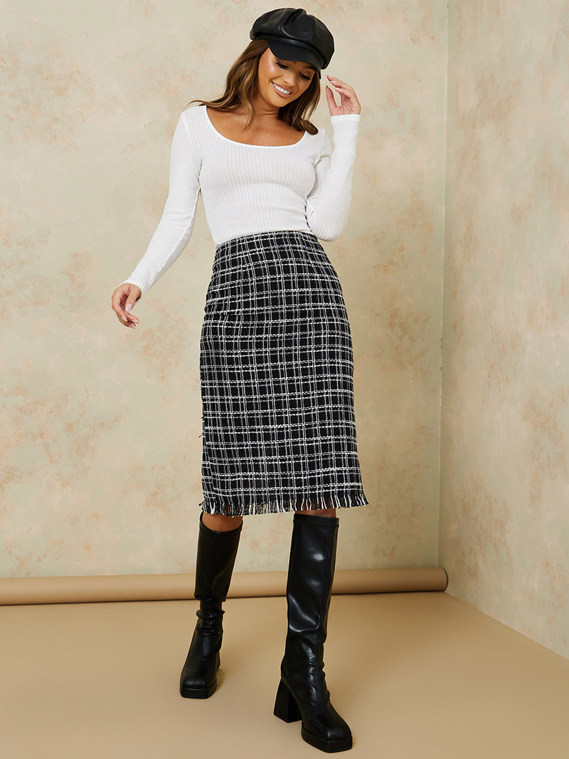 Buy High Waist Tweed Midi Skirt Black For Women | Styli UAE