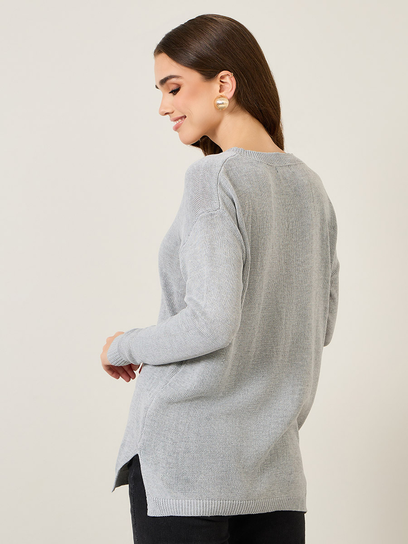 Buy Oversized Longline V Neck Sweater With Side Slits Grey