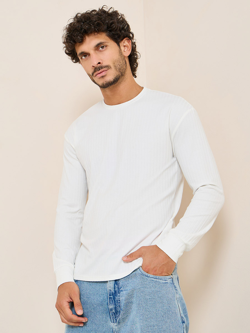 Buy Regular Fit Ribbed Knit T-Shirt White For Men | Styli Saudi