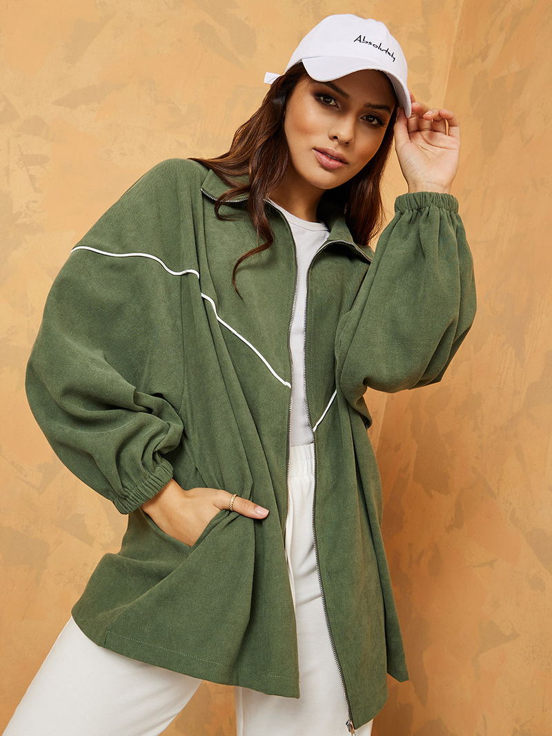 Buy Longline Contrast Piping Detail Zip Through Oversized