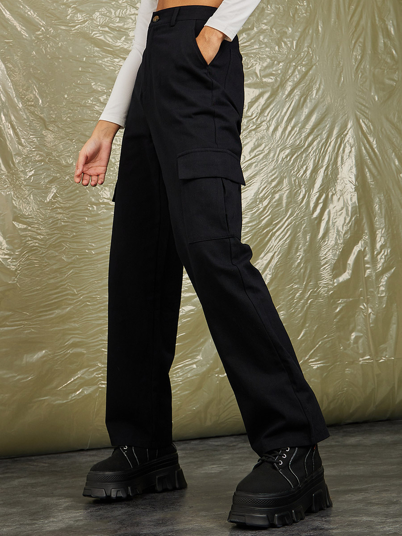 High Waisted Black Baggy Pants High Waisted Twill Straight Leg