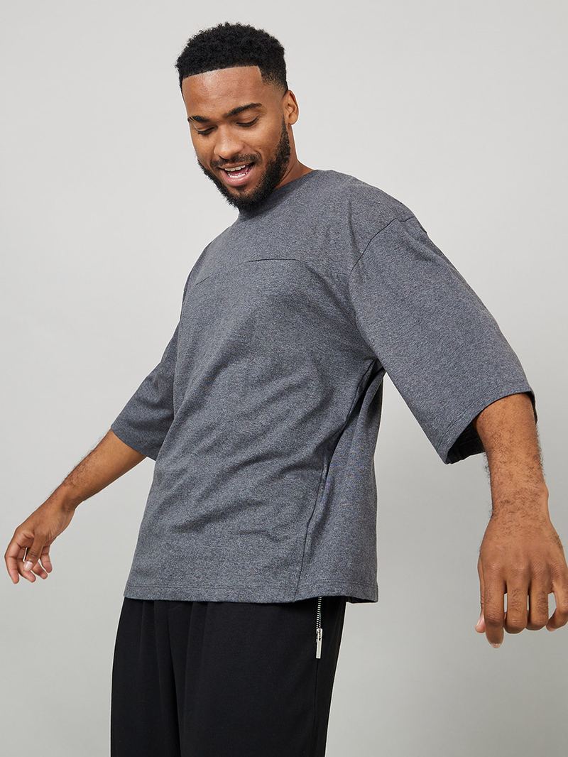 Buy 3/4 Sleeve Boxy T-Shirt with Cut and Sew Detail Grey For