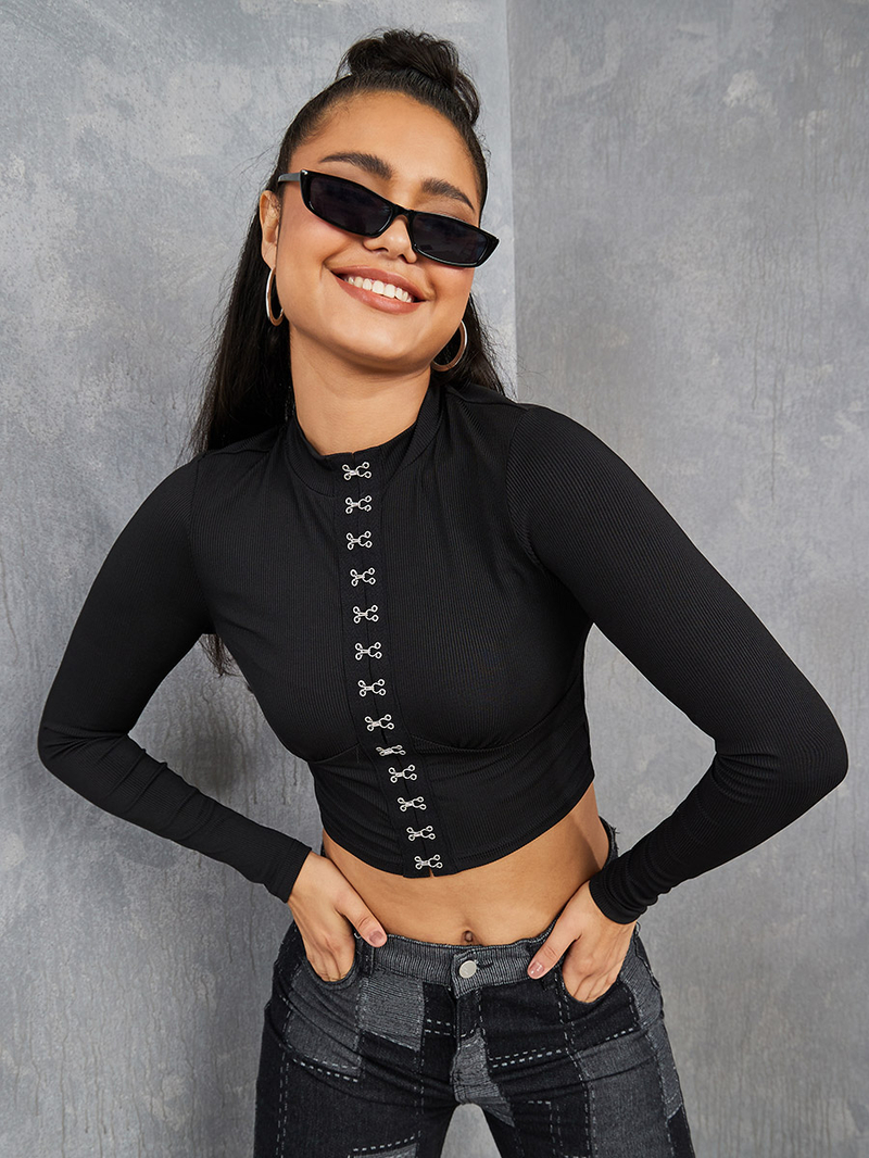 Buy High Neck Hook and Eye Closure Ribbed Knit Crop Top