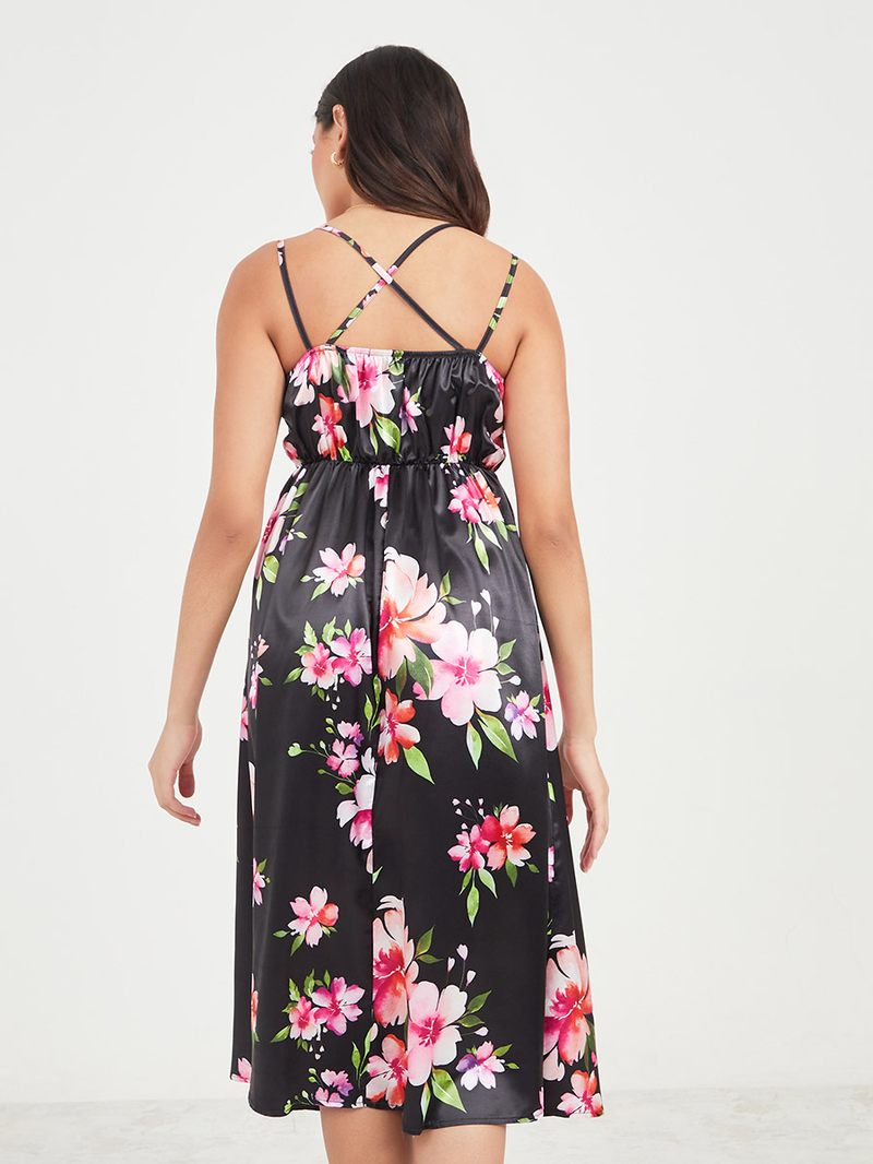 ★送料・関税込★OPEN YY★CRINKLED LACE TRIM DRESS★ Buy Satin Floral Lace Trim Side Slit Slip Dress Black For
