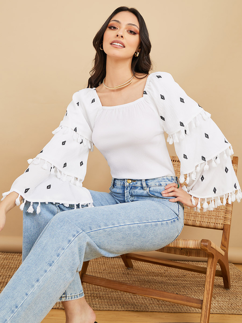 ★GENERAL IDEA★ Scarf Layered Square Neck T-Shirt WHITE WBD Buy Embroidered Square Neck Tiered Sleeves Top Off White For