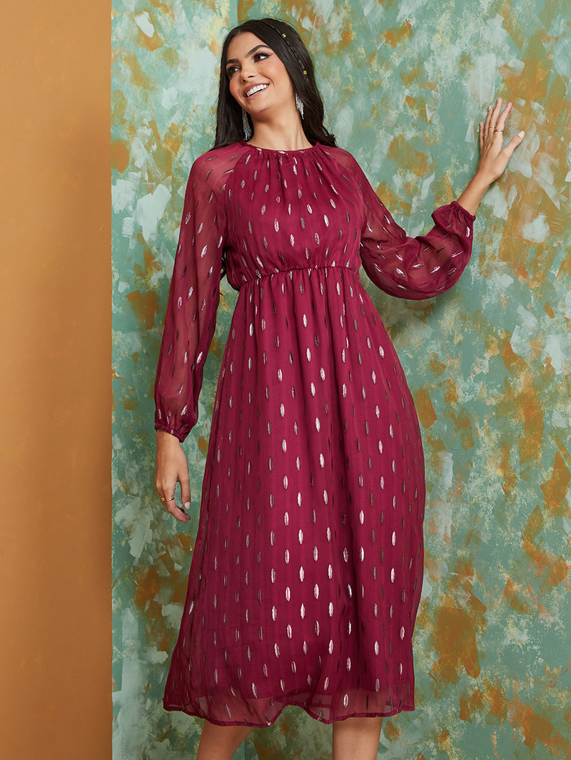 Buy Dobby Elastic Waist A-Line Midi Dress Burgundy For Women