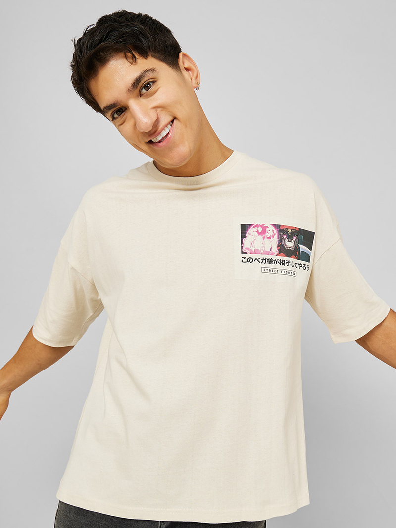 【IFYOUWANT】Beachffiti T-shirt Buy Street Fighter Print Oversized T-shirt Beige For Men