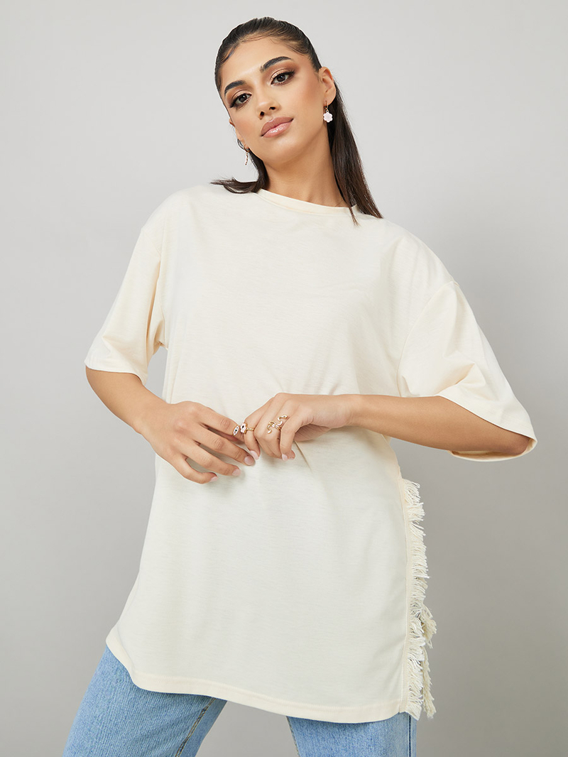 Buy Oversized Side Slit Longline T-Shirt with Frayed Edge