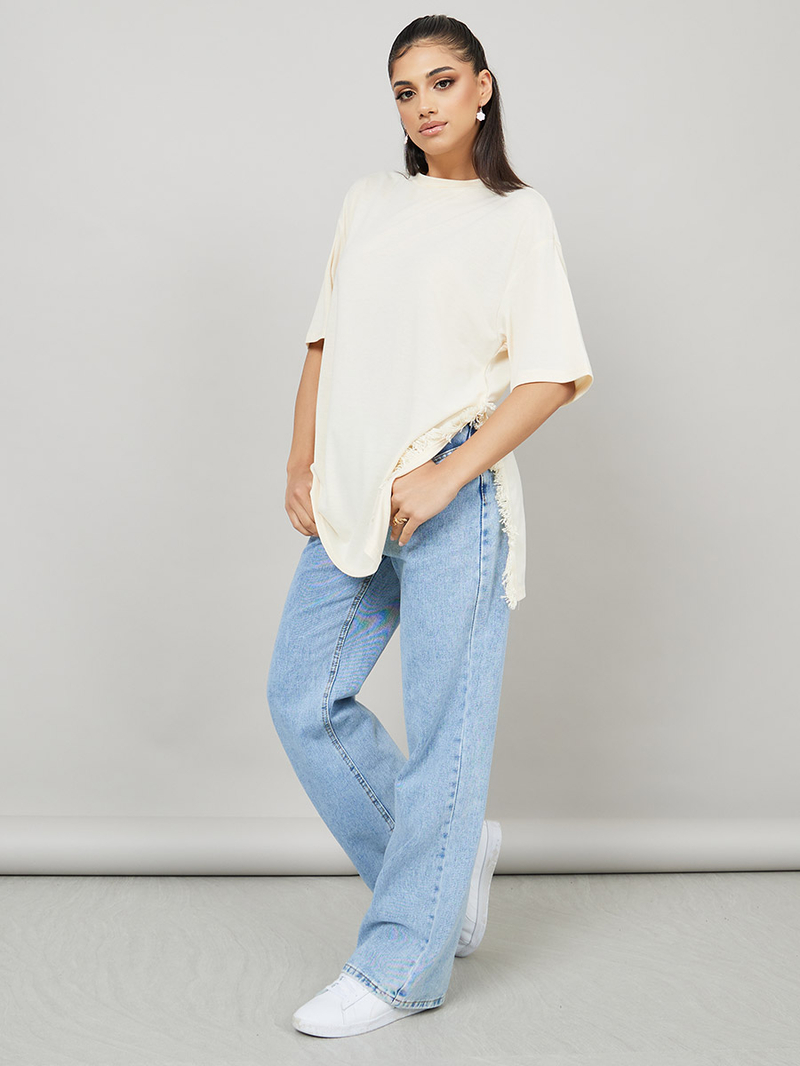 WAVY LINE SKIN TOP/FREE/ポリエステル/WHT/2323227010 Buy Oversized Side Slit Longline T-Shirt with Frayed Edge