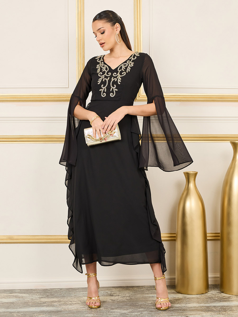 Buy Slit Bell Sleeve Beaded Maxi Dress Black For Women