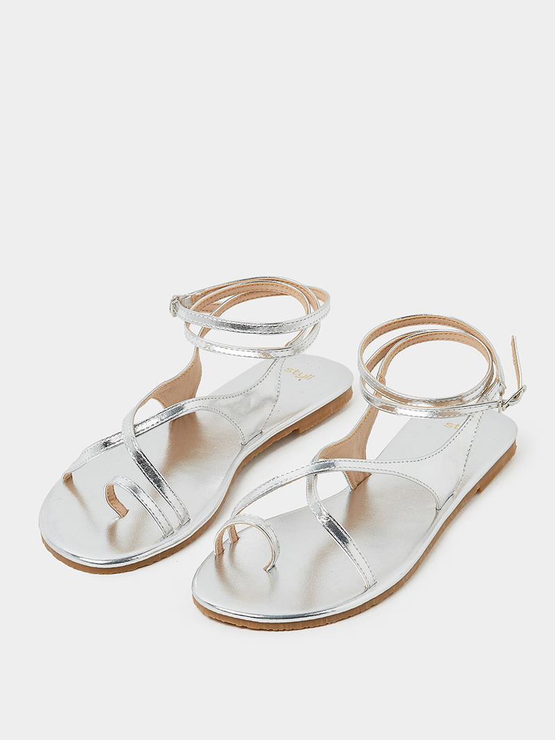 Buy Strappy Ankle Buckle Tie Flat Sandals Silver For Women