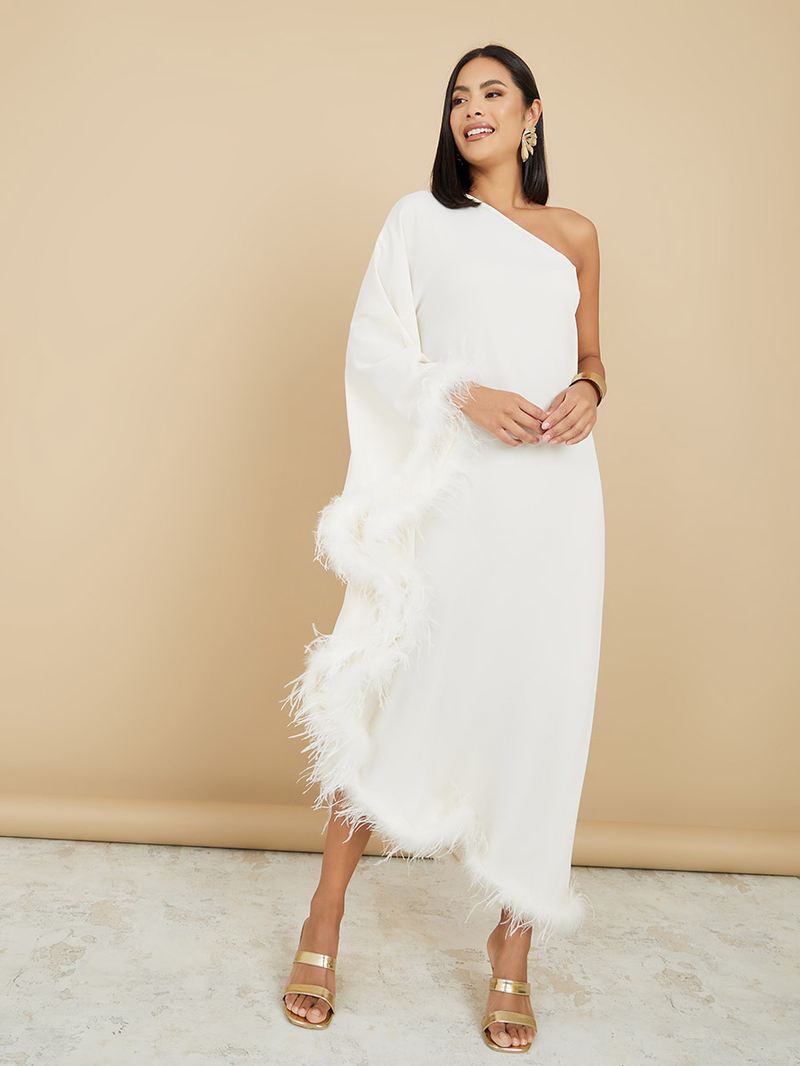 Buy Faux Fur Trim One Sleeve Shift Midi Dress Cream For