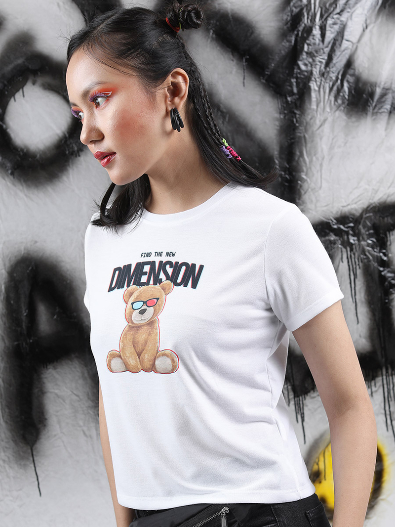 Buy Teddy Bear Print Slim Fit T-shirt White For Women
