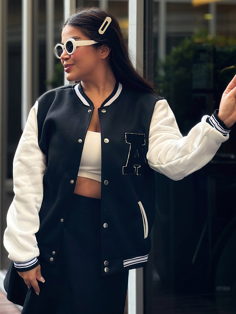 Regular Fit Patch Detail Varsity Bomber Jacket For Women at