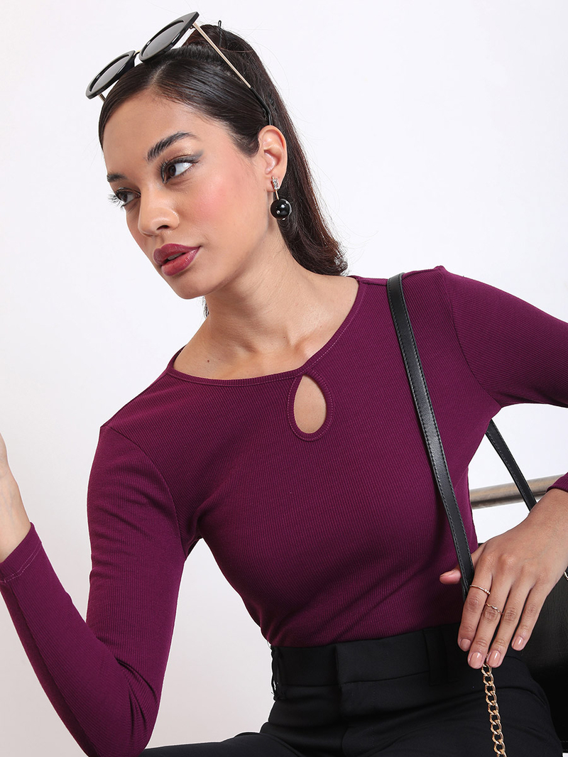 【Raucohouse】Ribbon keyhole-neck ribbed long sleeve Buy Keyhole Neck Ribbed Fitted Top Purple For Women | Styli UAE