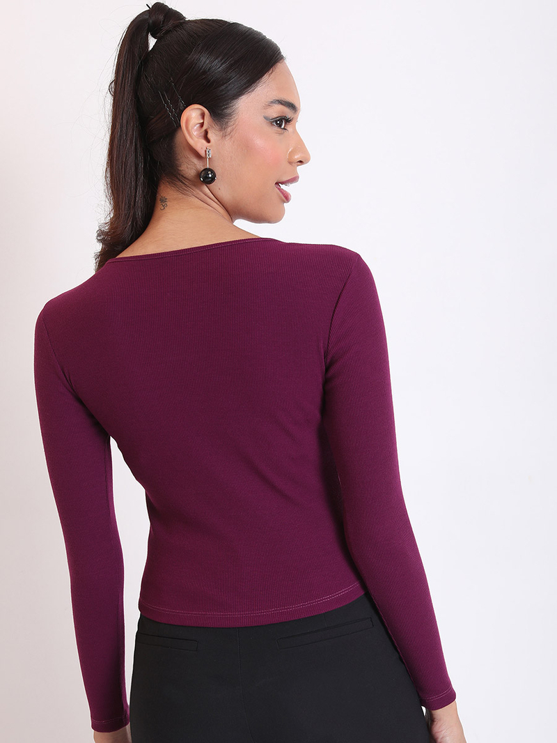 【Raucohouse】Ribbon keyhole-neck ribbed long sleeve Buy Keyhole Neck Ribbed Fitted Top Purple For Women | Styli UAE