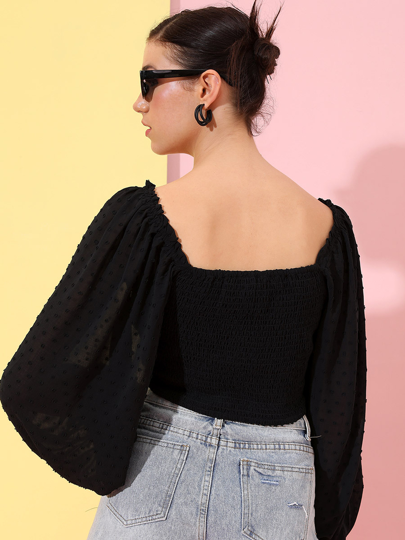 Buy Dobby Square Neck Bishop Sleeve Crop Top Black For Women