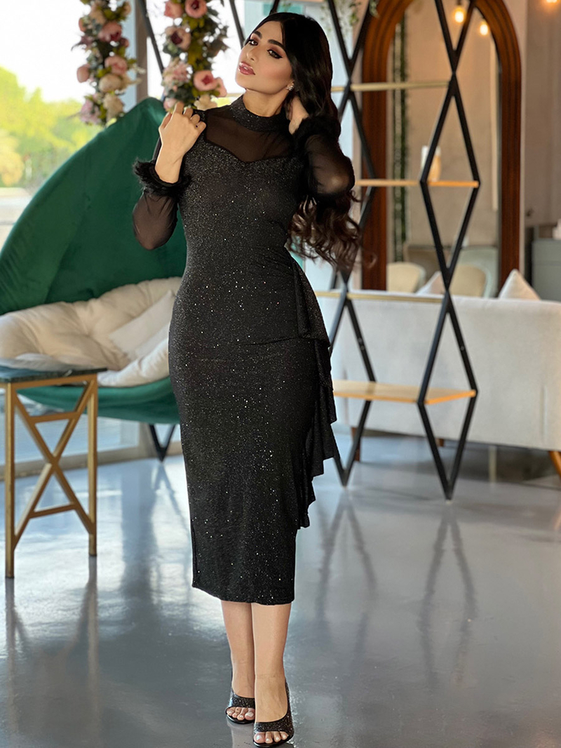 Buy Mesh Bodycon Midi Dress with Ruffled Edge Black For