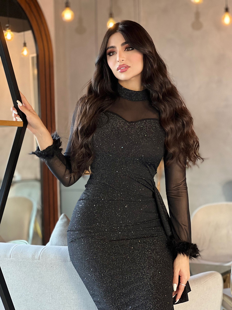 Buy Mesh Bodycon Midi Dress with Ruffled Edge Black For