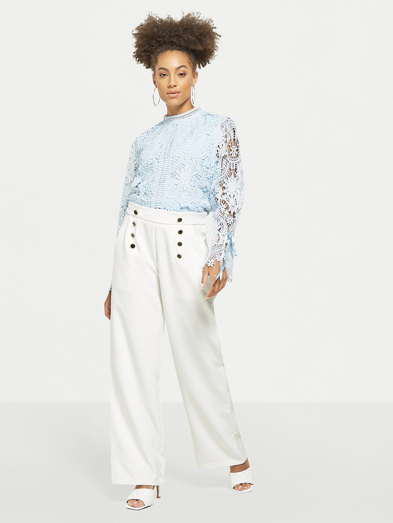 Buy High Neck Lace Overlay Blouse Blue For Women | Styli Saudi