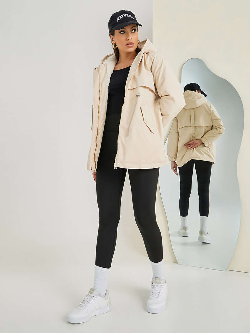 Regular Fit Parka Coat with Faux Fur Hoodie For Women at