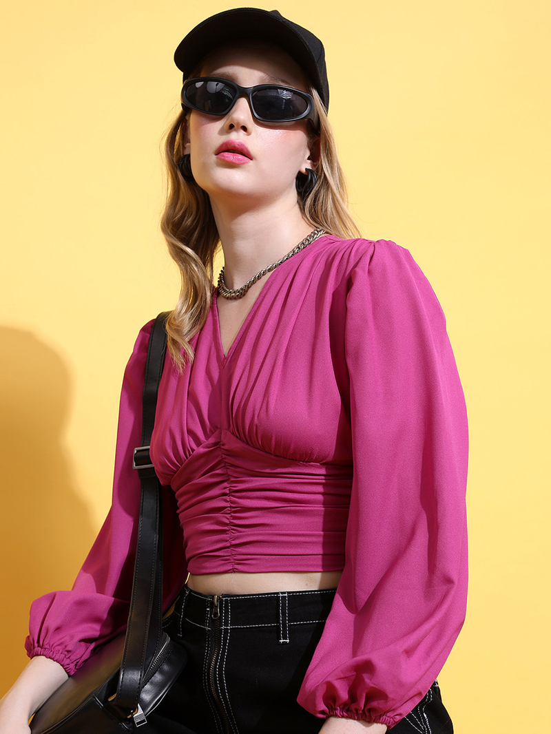 Buy Ruched Balloon Sleeve Crop Top Pink For Women | Styli Saudi
