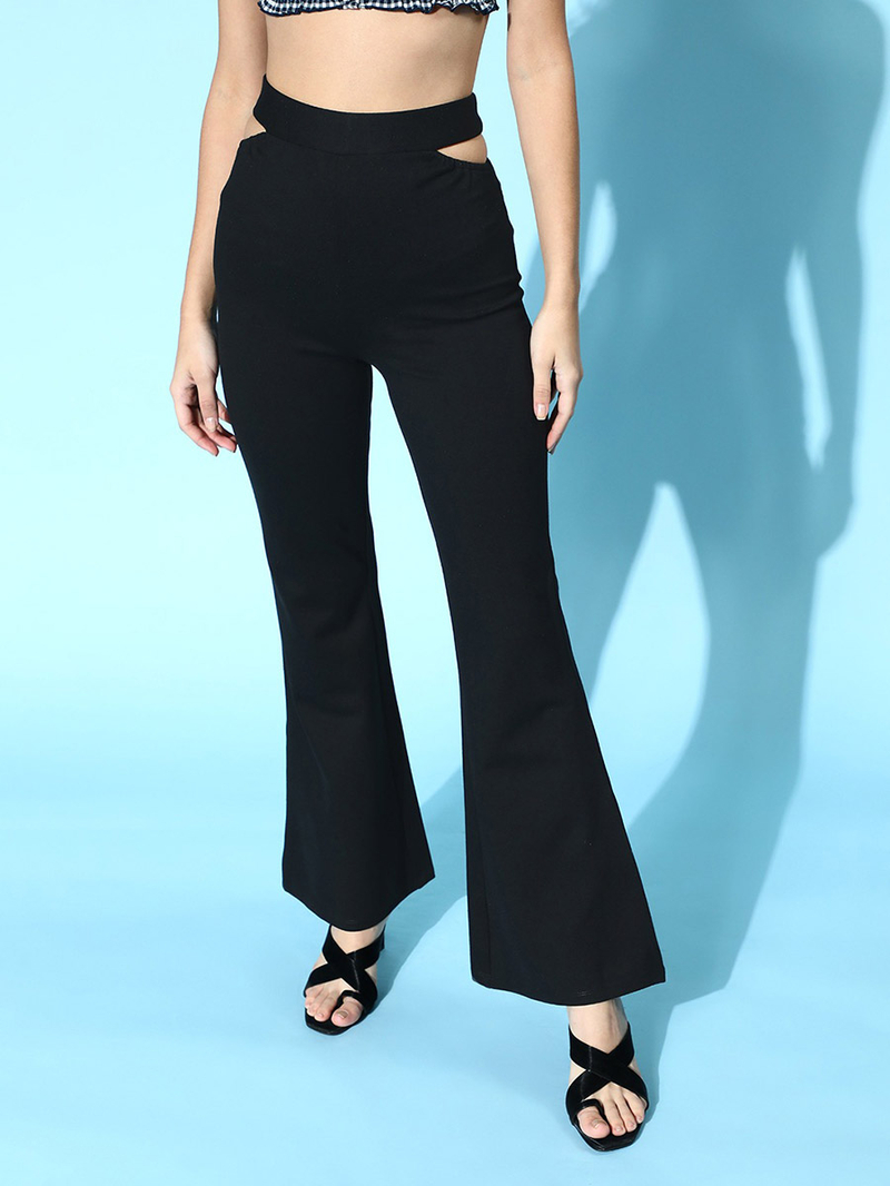 Buy Solid Flare Fit Cut Out Detail Trousers Black For Women
