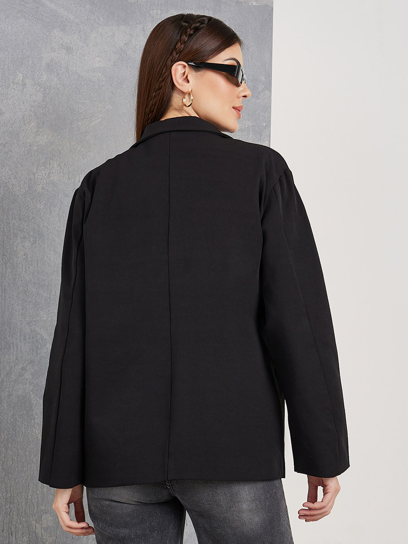 Buy Solid Notch Lapel Blazer with Hook Closure Black For