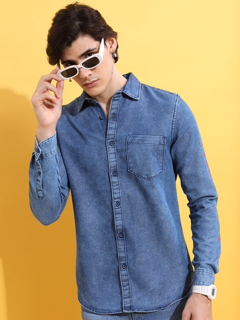 Buy Back Graphic Print Denim Shirt Blue For Men | Styli Saudi