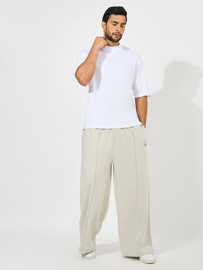 Buy Fleece Pintuck Wide Leg Joggers with Badge Detail Cream For