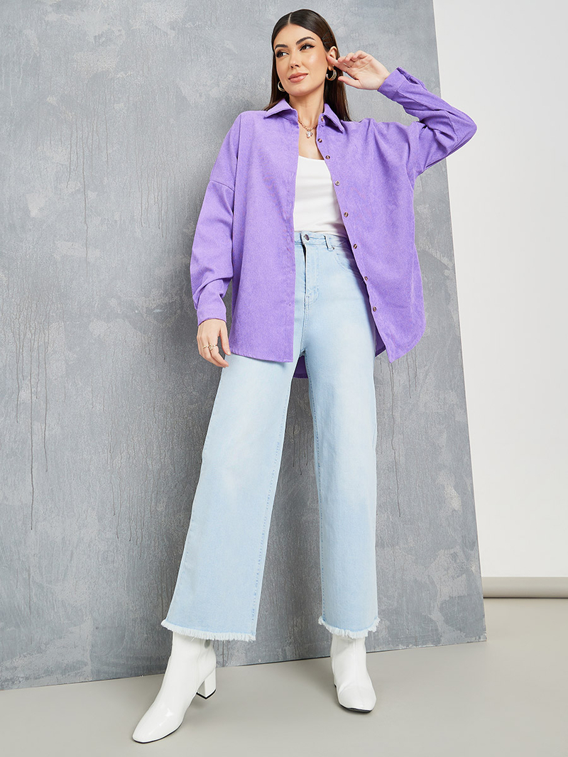 Solid Oversized Button Down Corduroy Shirt For Women at