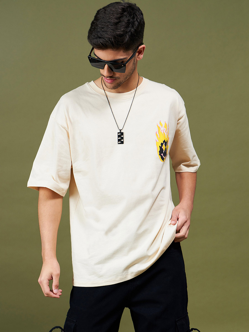 Buy Oversized Graphic Print Drop Shoulder T-Shirt Beige For