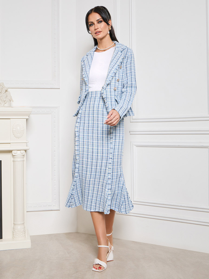 Season Tweed Jacket + H-line Midi Skirt Suit Set (3色) DHgate.com:Womens Tweed Skirt Suit Set, Plaid Long Sleeve