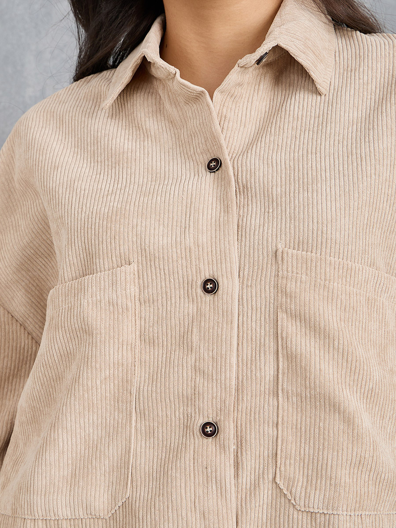 Buy Oversized Longline Corduroy Shirt Beige For Women