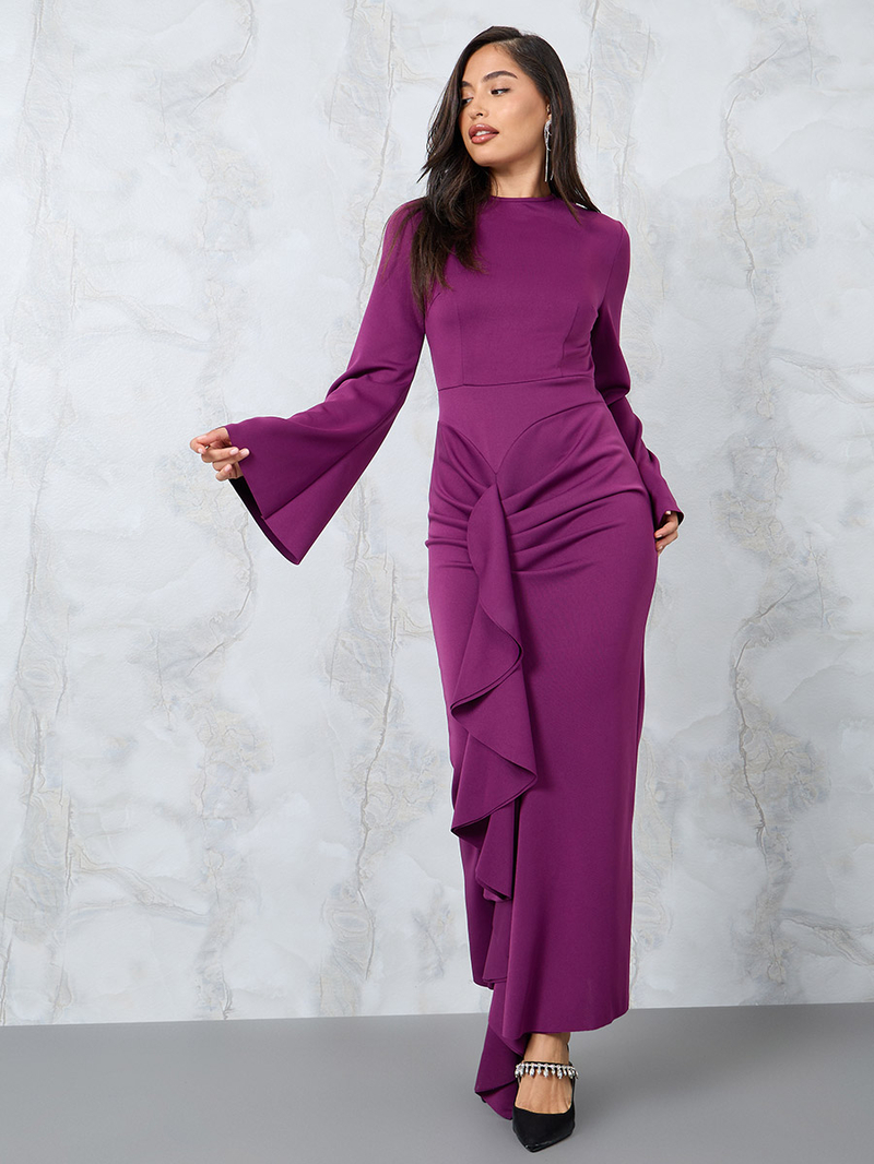 Buy Ruffle Panel Bell Sleeve Bodycon Maxi Dress Magenta For