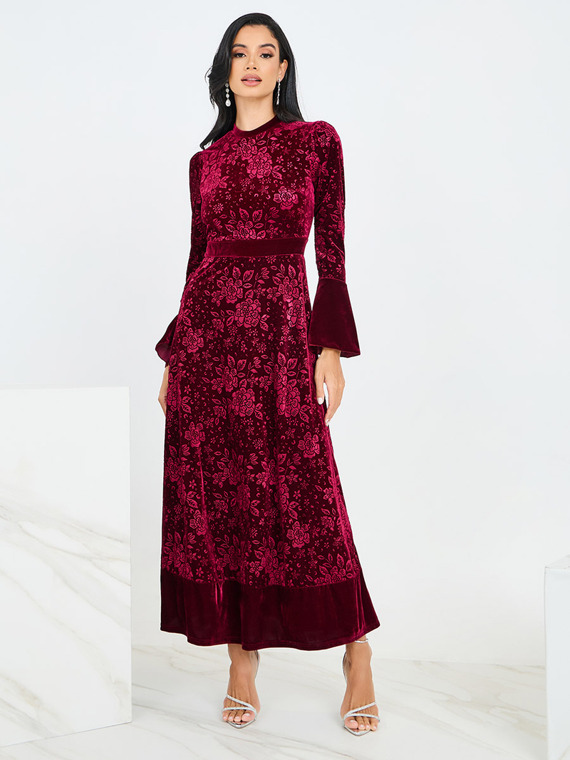 Buy Jacquard Velvet Maxi Dress with Bell Sleeve Maroon For