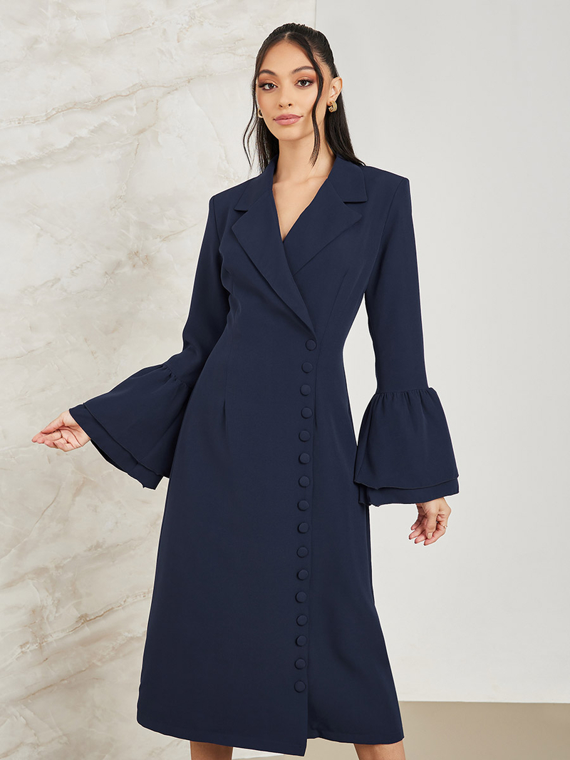 Buy Notch Lapel Blazer Midi Dress with Bell Sleeve Navy Blue