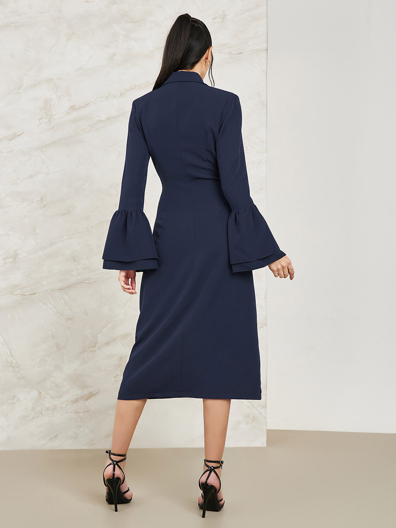 Buy Notch Lapel Blazer Midi Dress with Bell Sleeve Navy Blue