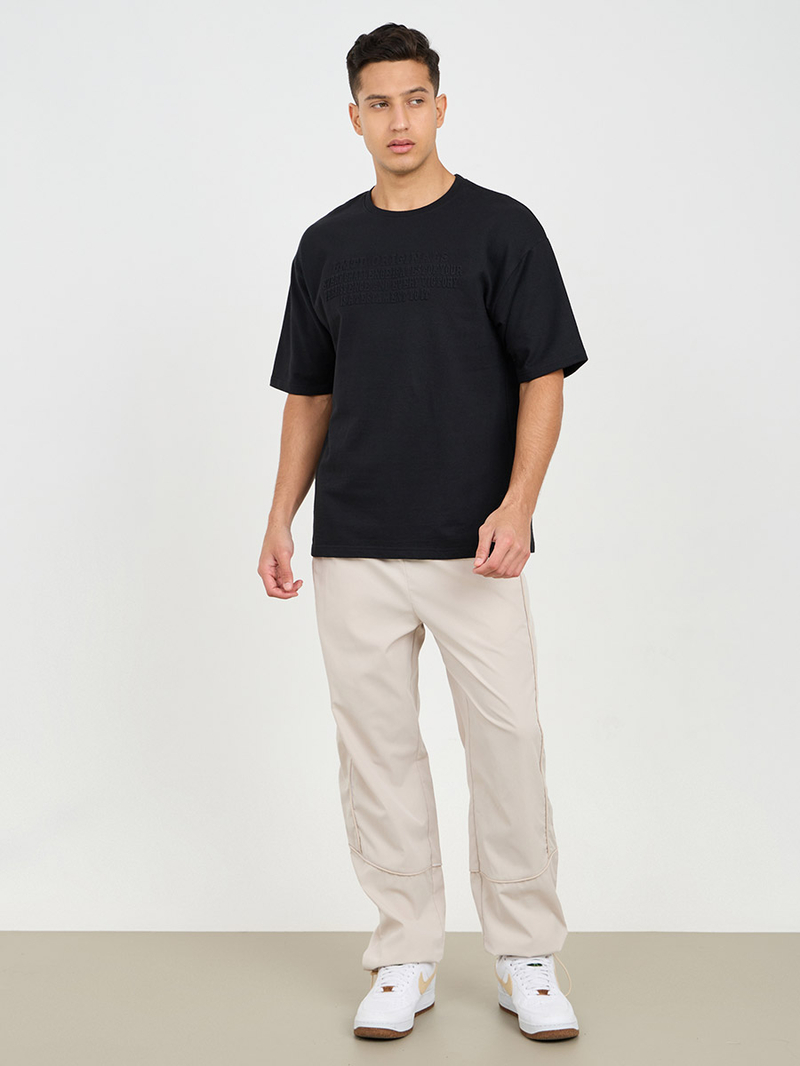 Buy Oversized Chest Tonal Embossed Print Terry T-Shirt Black
