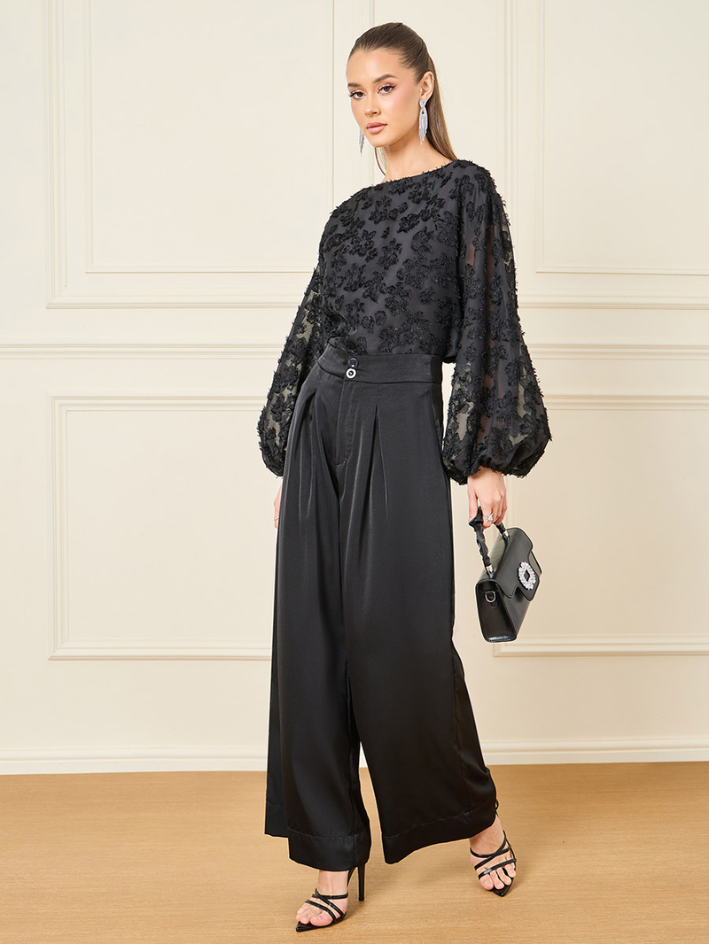 【SATIIIZ】Ester Pigment Folder Balloon Pants Buy Burnout Textured Balloon Sleeve Blouse and Wide Leg