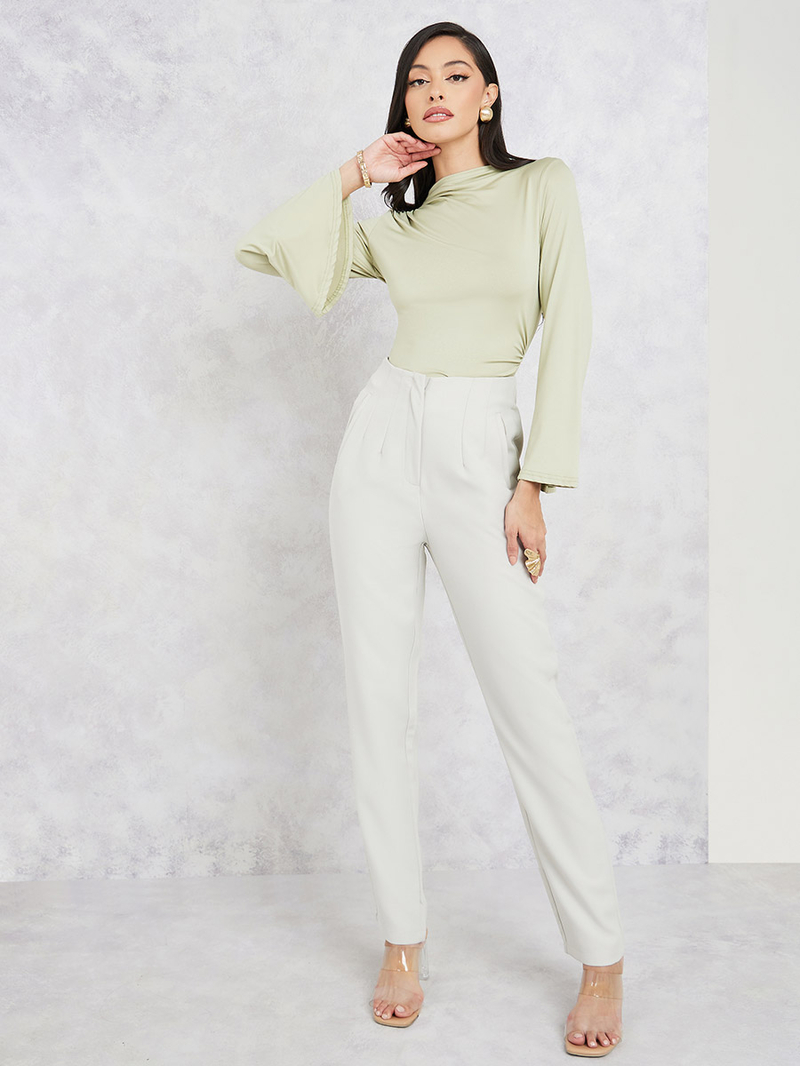Buy Solid High Neck Bell Sleeve Fitted Knit Top Green For
